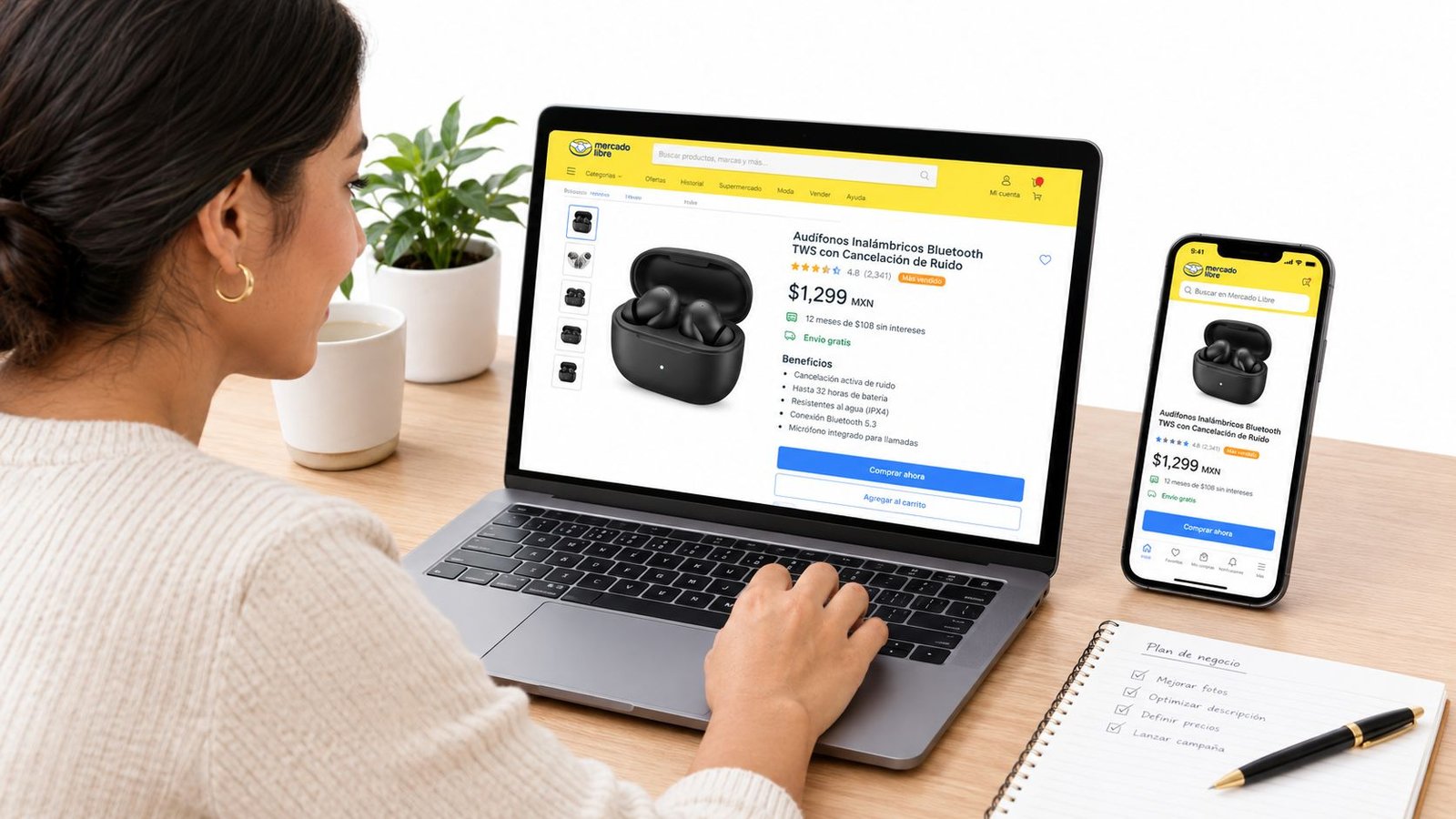 Persona revisando una página de venta de auriculares en Mercado Libre desde su laptop y teléfono móvil.