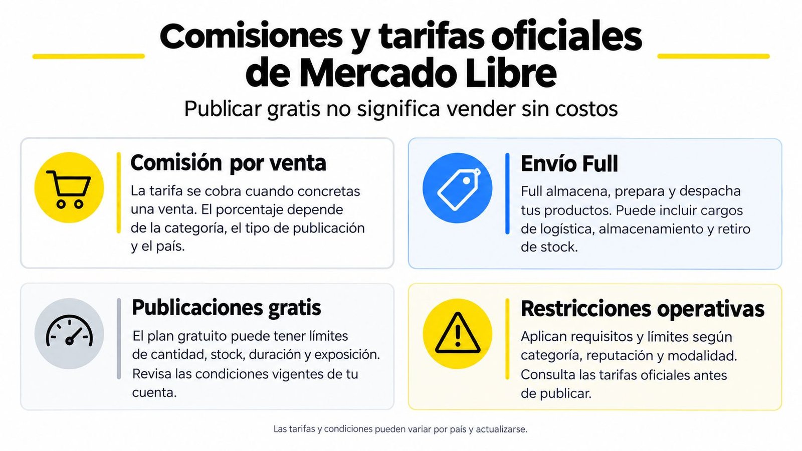 Infografía sobre las comisiones y tarifas oficiales de Mercado Libre al vender productos en la plataforma.