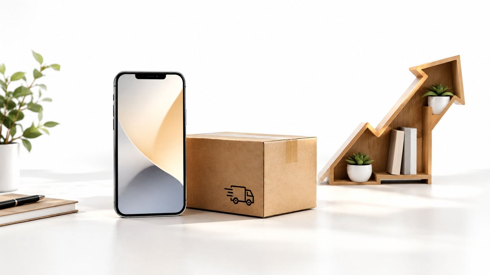Un smartphone, una caja de cartón de envíos y una estantería en forma de flecha sobre mesa