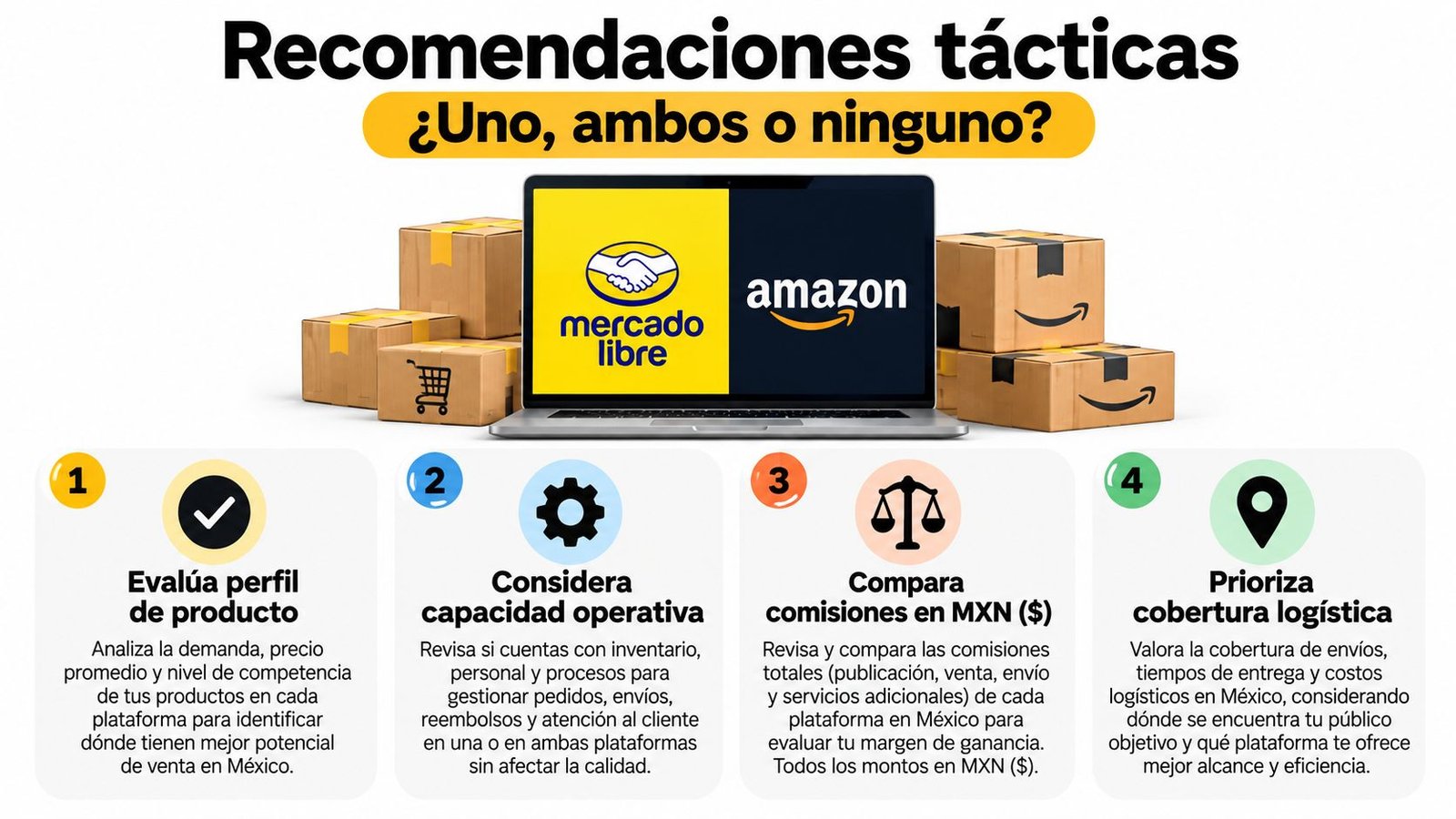Infografía sobre cómo elegir entre vender en Mercado Libre o Amazon para mejorar tus ventas en México.