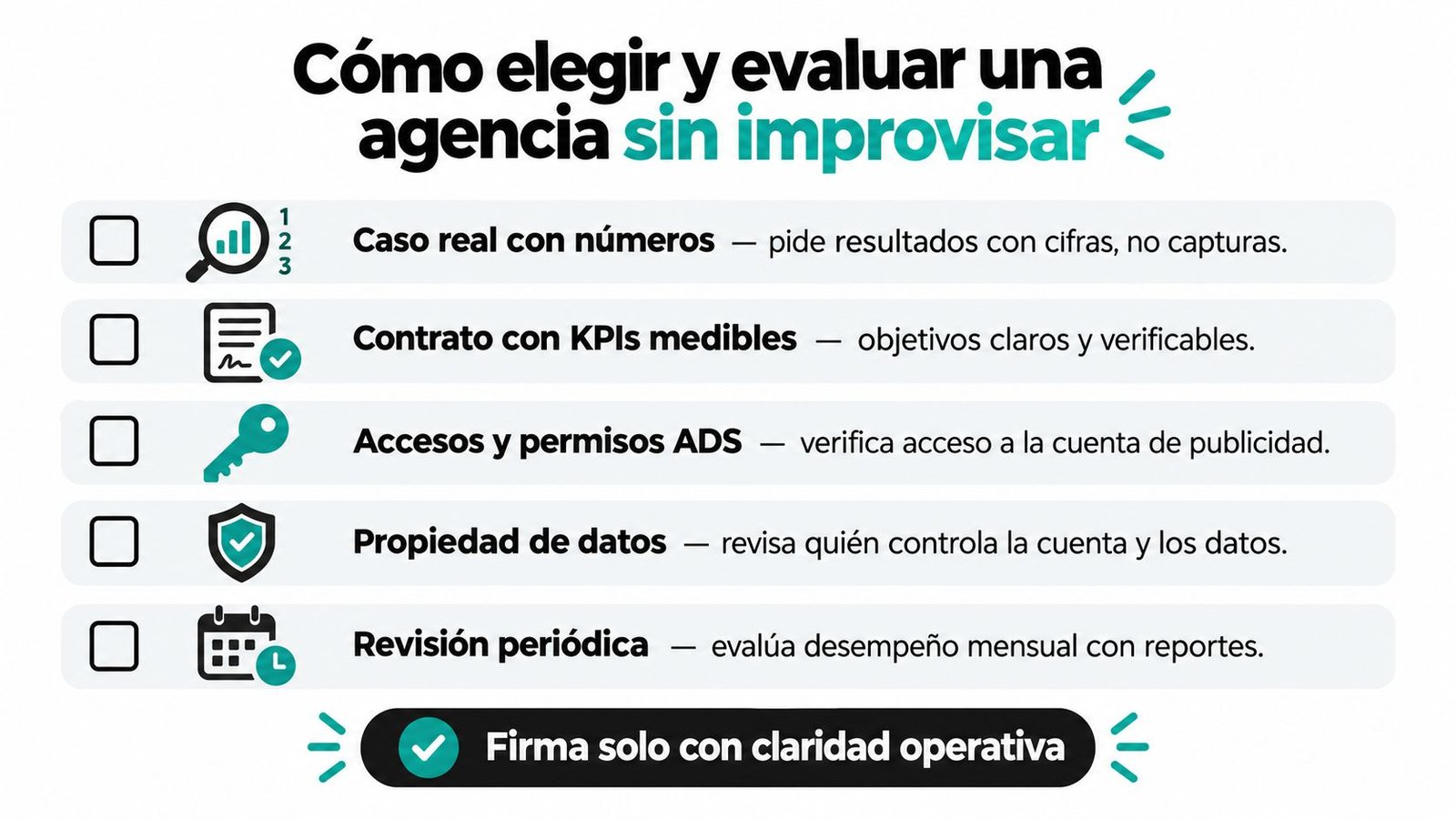 Lista de verificación para elegir y evaluar una agencia de marketing digital de manera profesional y transparente.