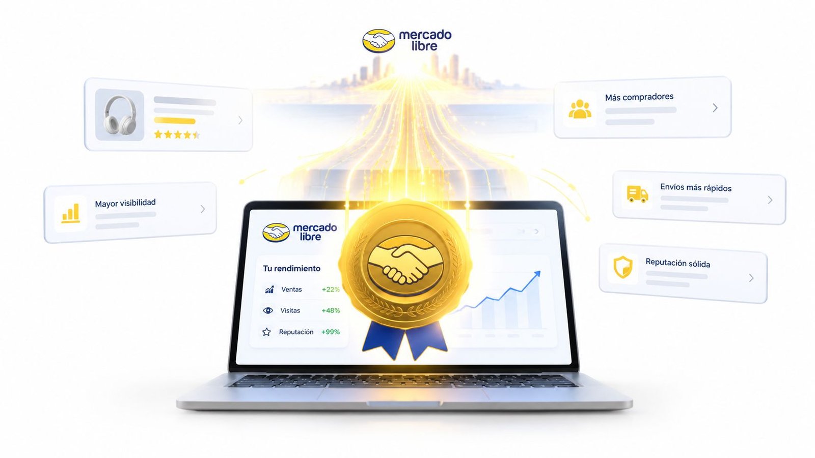Una computadora portátil mostrando el rendimiento de ventas de Mercado Libre con iconos de beneficios de vendedor