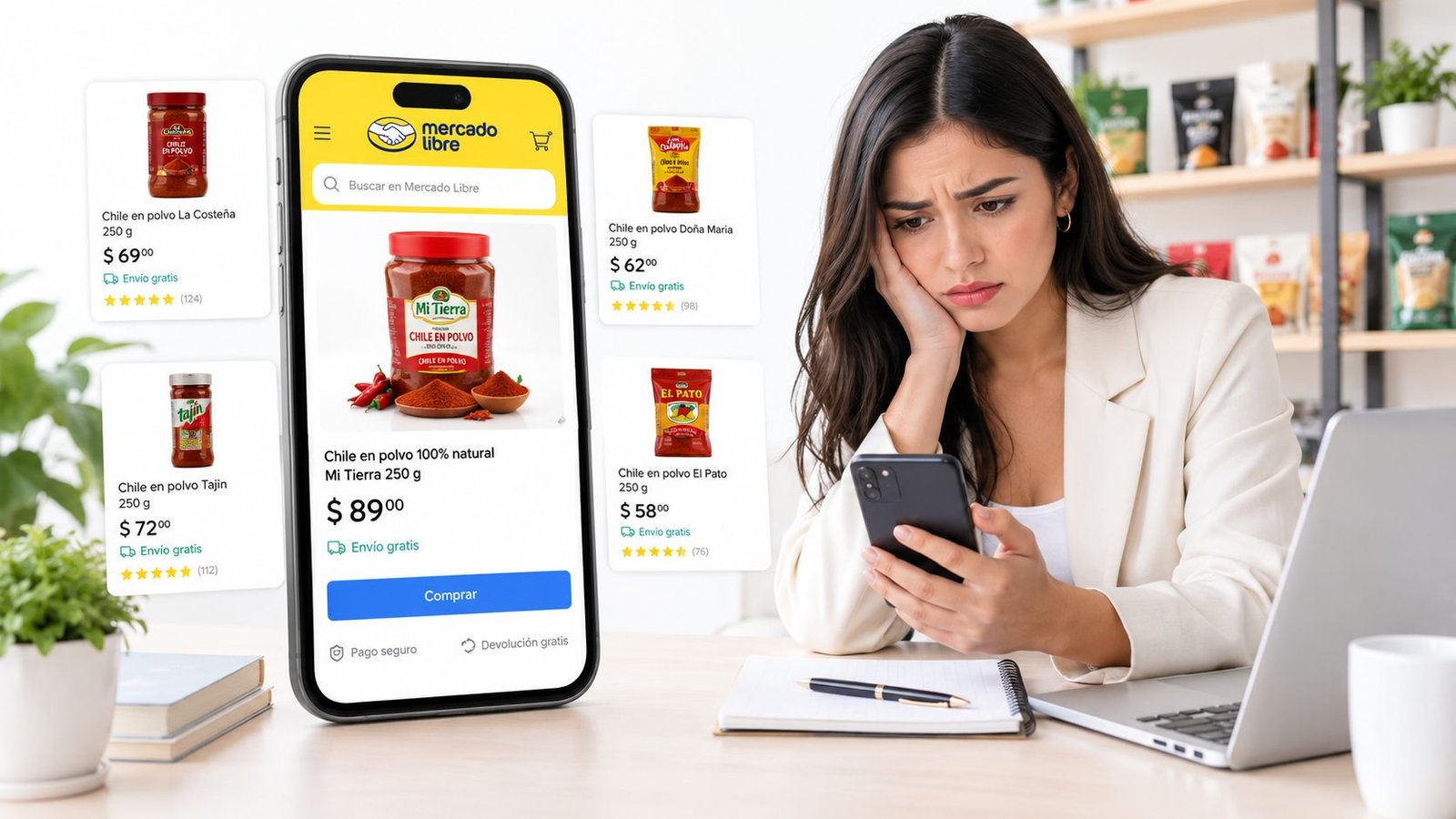 Mujer joven mirando preocupada su teléfono móvil mientras compara precios de chile en polvo en Mercado Libre.