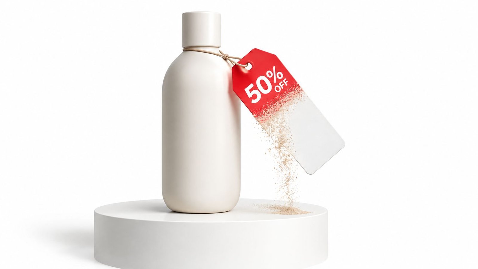 Una botella blanca sobre una base circular con una etiqueta de oferta del cincuenta por ciento descuento