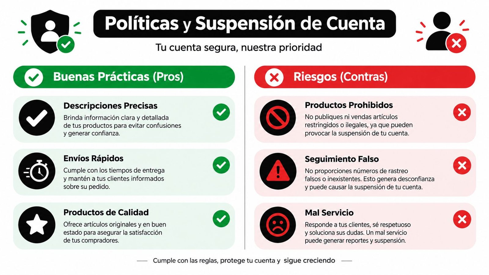 Infografía sobre buenas prácticas y riesgos que causan la suspensión de cuentas al vender en línea.