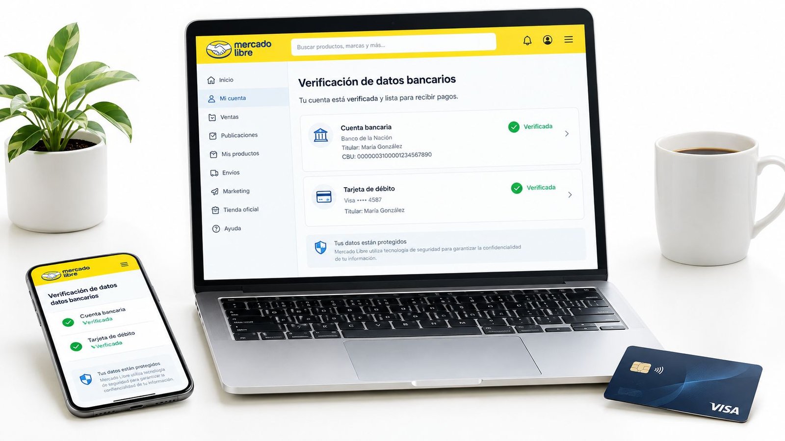 Una computadora portátil y un teléfono mostrando el panel de verificación de datos bancarios en Mercado Libre.