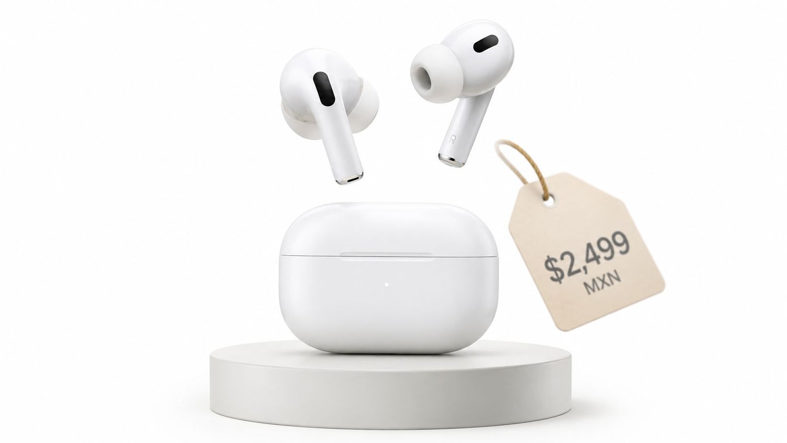 Auriculares inalámbricos blancos sobre una base circular con una etiqueta de precio de 2,499 pesos mexicanos.