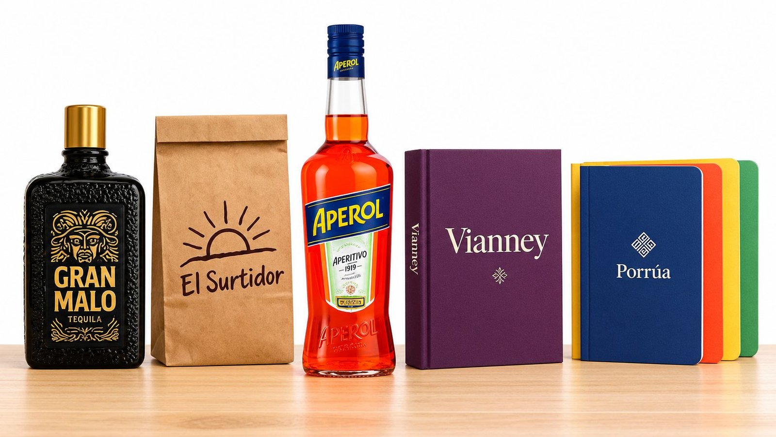 Una variedad de artículos de marca que incluyen tequila, aperitivo, libros y cuadernos sobre una mesa.